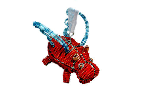 Ornament - Flying Hippo, Beaded, Red