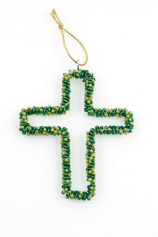 Ornament - Cross, Beaded, Green