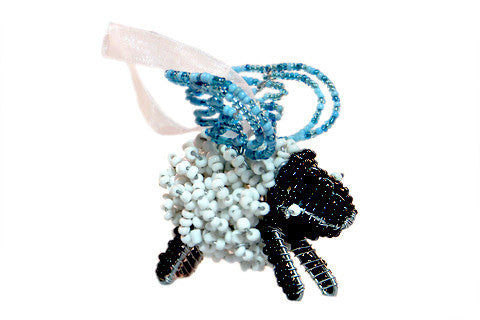 Ornament - Flying Sheep, Beaded, White and Blue